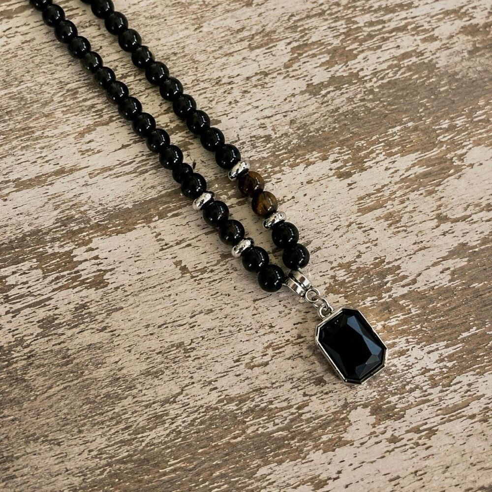 Men’s Tiger Eye & Black Bead Pendant Necklace